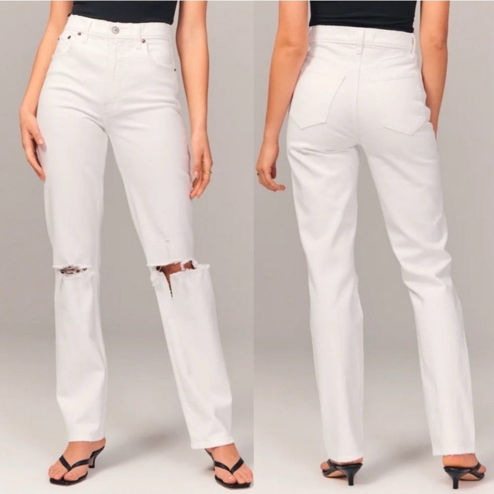 Abercrombie The 90’s Straight Ultra High Rise White Distressed Denim Jeans